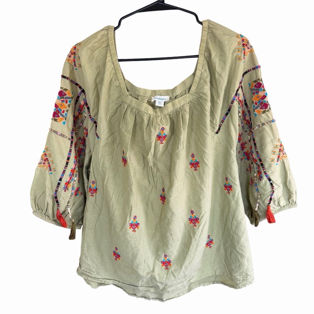 Sundance Womens Southwestern Embroidered Tassel Top XXL Green Peasant Boho Hippy